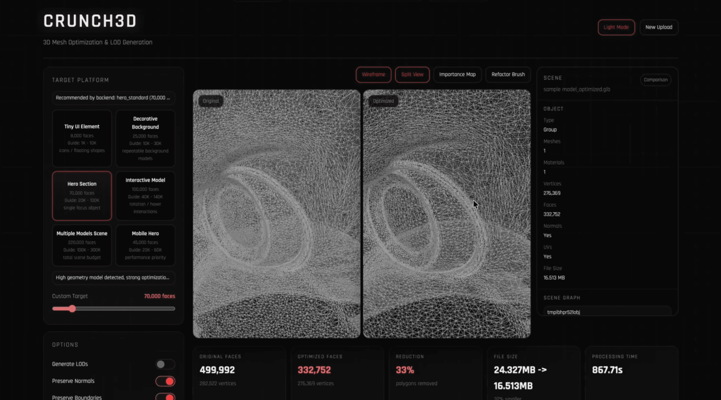 Crunch3D original and optimized mesh comparison
