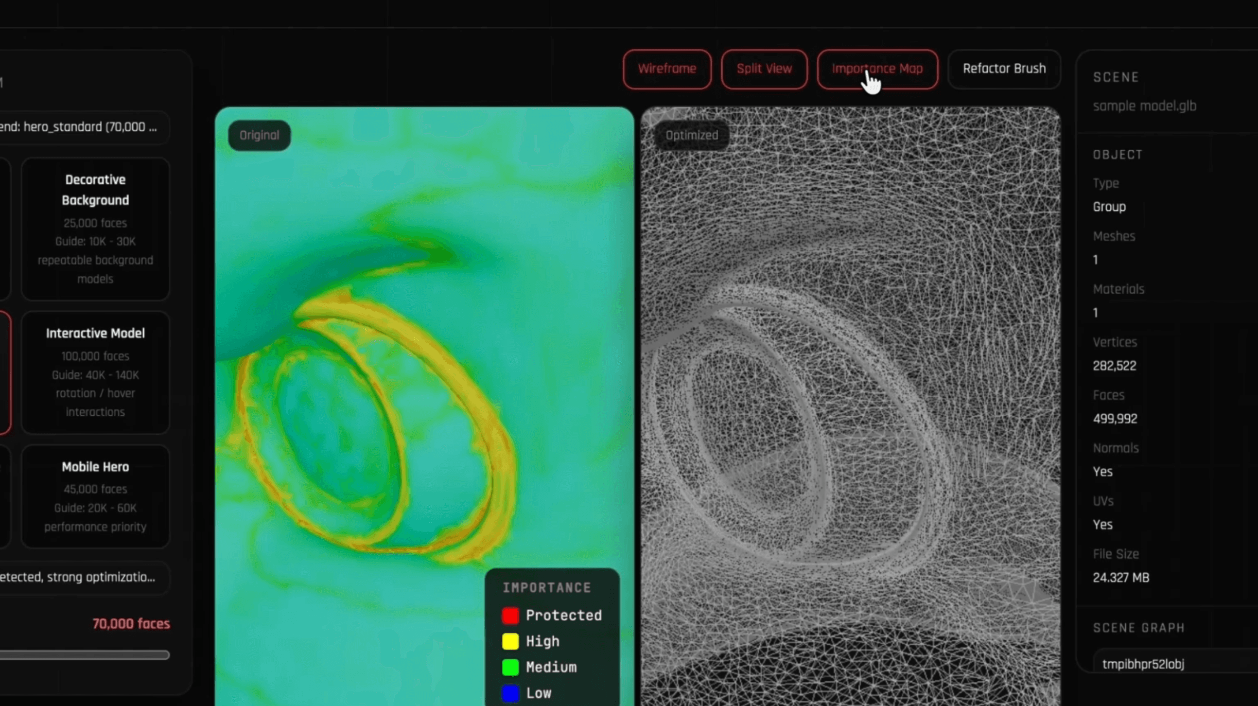 Crunch3D importance mapping view on a 3D model