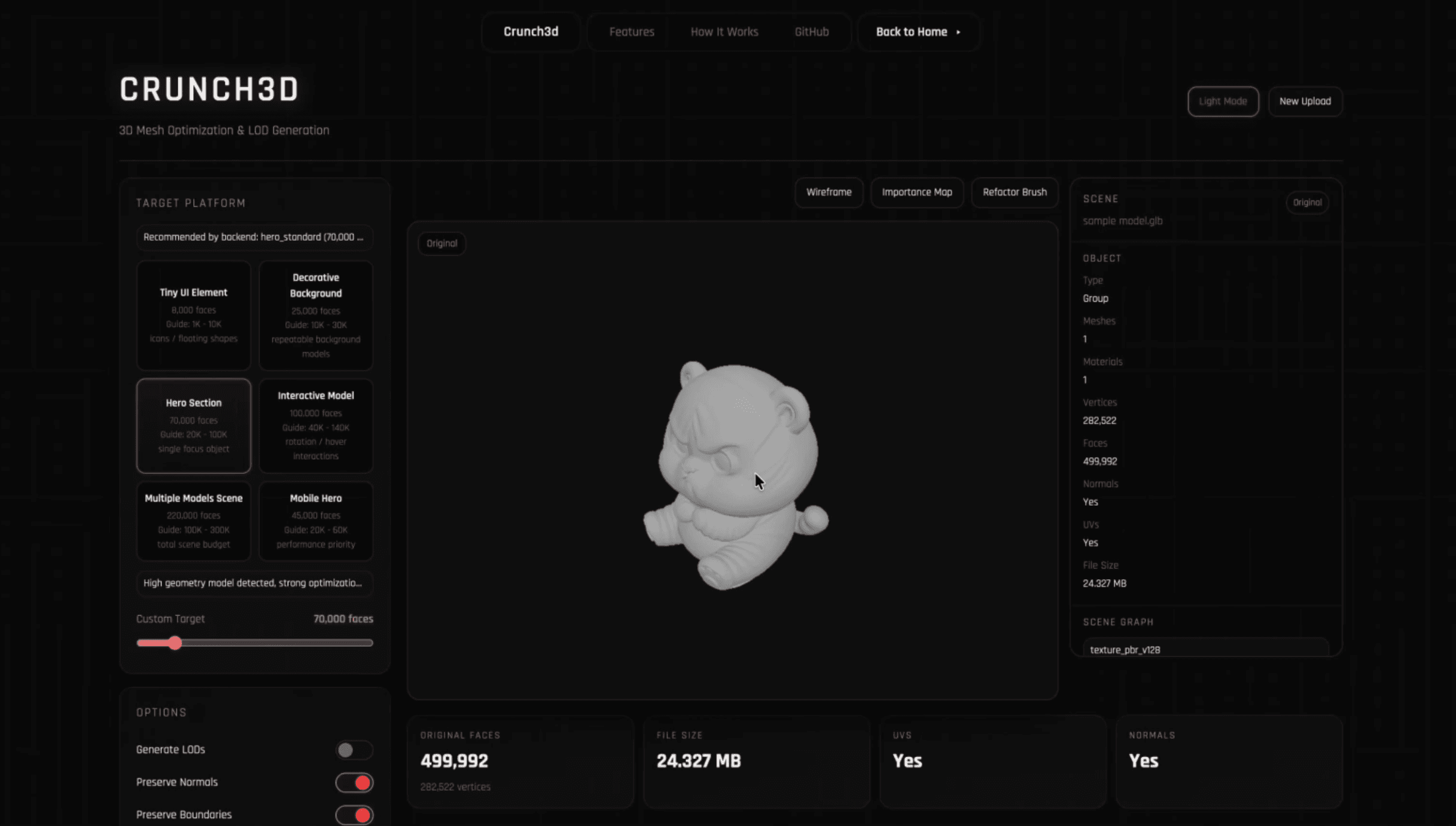 Crunch3D workspace for reviewing model geometry and optimization