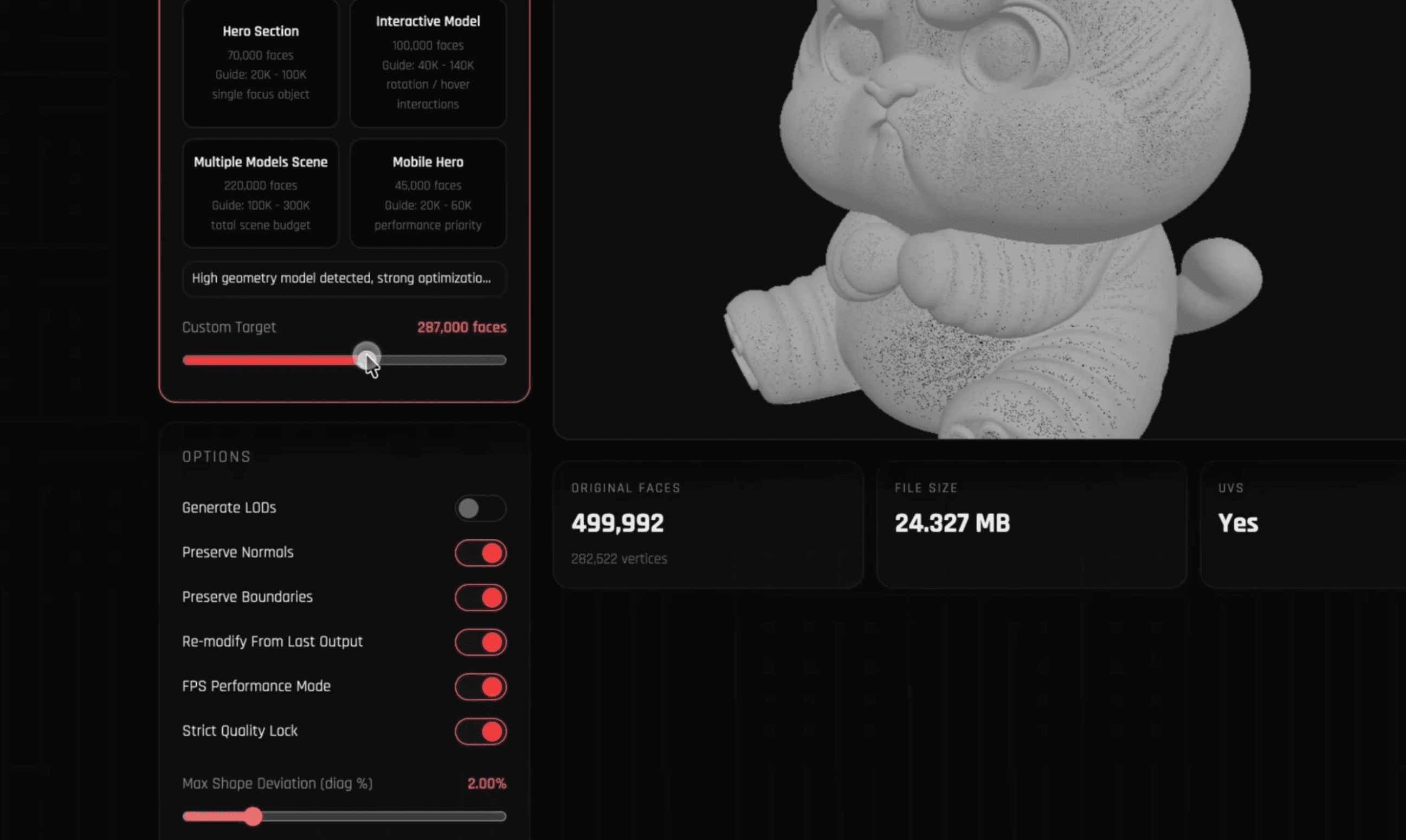 Crunch3D target platform and optimization settings
